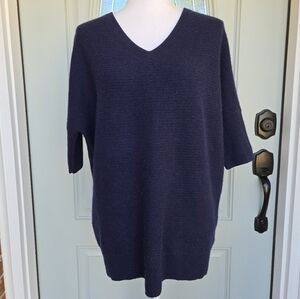 Saks Fifth Avenue Navy Oversized Short Sleeve V-Neck Cashmere Sweater